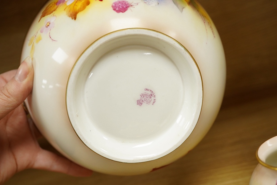 Four pieces of Royal Worcester porcelain hand painted with fruit and flowers by Kitty Blake, largest 18cm wide. Condition - good, bowl with hairline crack